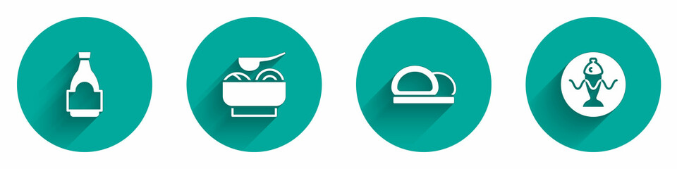 Set Soy sauce bottle, Ramen soup bowl, Sushi and Served fish on plate icon with long shadow. Vector