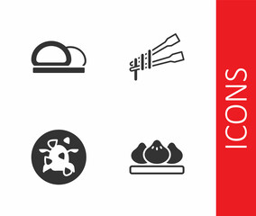 Set Dumpling, Sushi, Kung Pao chicken and Food chopsticks with noodles icon. Vector