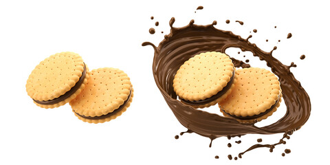 Sandwich cookies with chocolate fill, 3d illustration for biscuit package design.