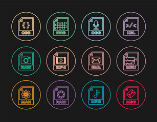 Set line MSG file document, M3U, OGG, MP4, RAW, CSS, EML and PNG icon. Vector