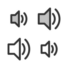 Pixel-perfect linear icon of   sound enabled  built on two base grids of 32 x 32 and 24 x 24 pixels. The initial base line weight is 2 pixels. In two-color and one-color versions. Editable strokes