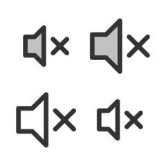 Pixel-perfect linear icon of   sound mute  built on two base grids of 32 x 32 and 24 x 24 pixels. The initial base line weight is 2 pixels. In two-color and one-color versions. Editable strokes
