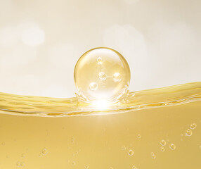 golden yellow Bubbles oil or collagen serum with Molecule for cosmetic product, 3d rendering.