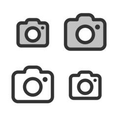 Pixel-perfect linear icon of a photographic camera built on two base grids of 32x32 and 24x24 pixel. The initial base line weight is 2 pixels. In two-color and one-color versions. Editable strokes