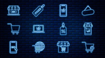 Set line Add to Shopping cart, Mobile and shopping, basket, on laptop, Online, Discount percent tag and Price with Free icon. Vector