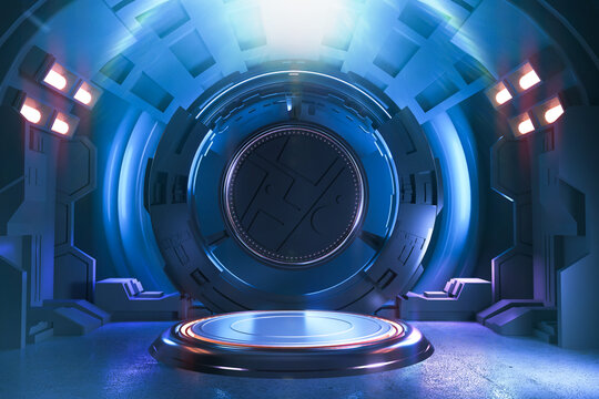 Technology Futuristic Background, Interior Science Fiction Spaceship 3d Rendering.