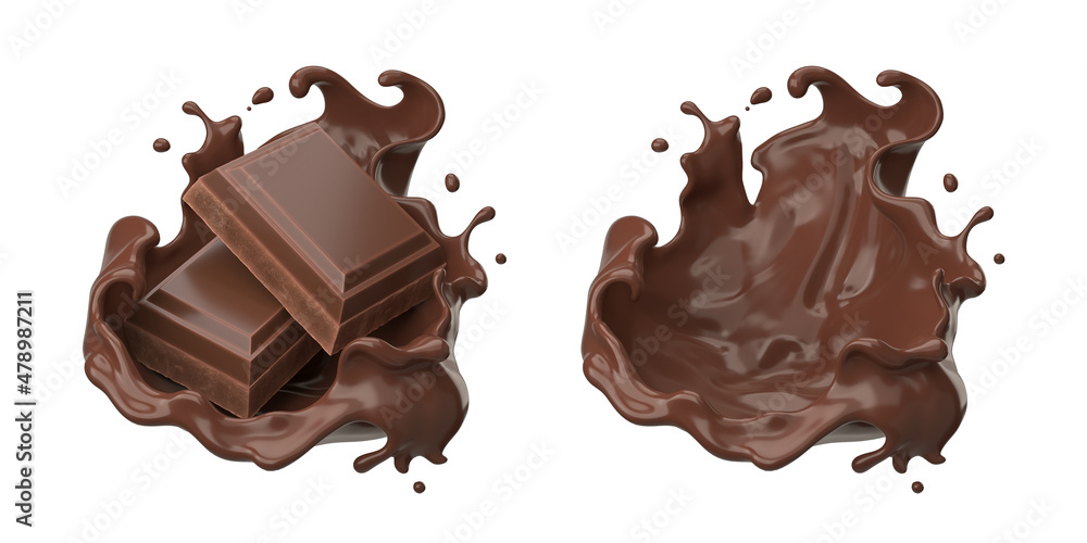 Poster dark chocolate bar icon with chocolate cream splash, clipping path 3d illustration.