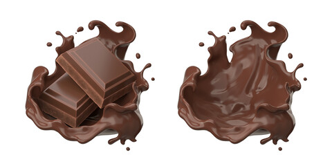 dark chocolate bar icon with chocolate cream splash, clipping path 3d illustration.