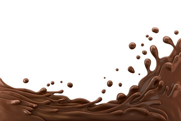 Melted brown chocolate dripping and splash on white background, with clipping path 3D illustration.