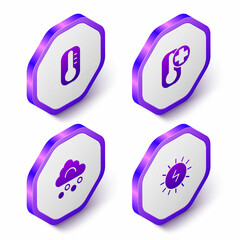 Set Isometric Thermometer, Hail cloud and Solar energy panel icon. Purple hexagon button. Vector