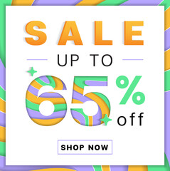 Sale up to 65% off Promotion Discount Online Shopping Abstract Orange Green Violet Purple Lilac Mountain Geography Contour Map 3D Layer Cutout Paper Card Advertising Web Banner Marketing