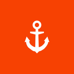 White ship anchor on orange background, logo, vector icon