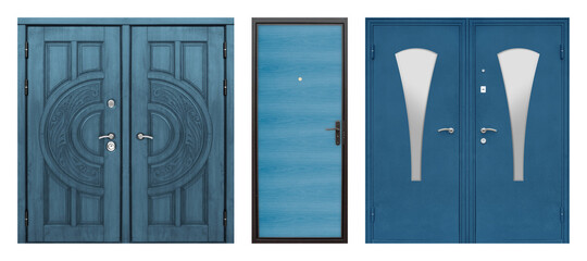 Set of models of entrance metal doors isolated on white background