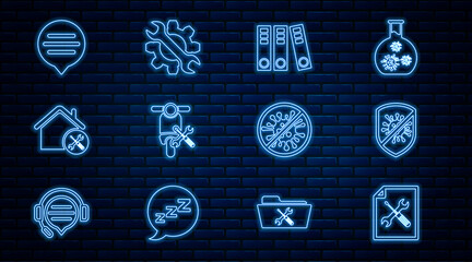 Set line File document service, Stop virus, bacteria, Office folders, Scooter, House, Speech bubble chat, and Wrench and gear icon. Vector