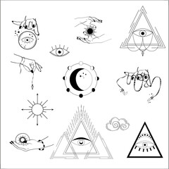 Set of sun, moon, stars, clouds, and esoteric symbols. Esoteric symbols, alchemy and witchcraft 