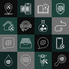 Set line Microorganisms under magnifier, Mobile service, Route location, Interesting facts, Headphones with speech bubble chat, House, Location and Test tube virus icon. Vector