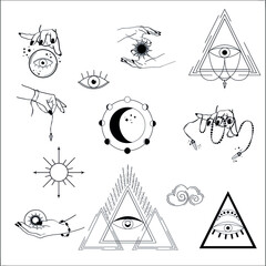 Set of sun, moon, stars, clouds, and esoteric symbols. Esoteric symbols, alchemy and witchcraft vector