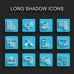 Set line Laptop service, Gamepad, Mobile Apps, Radio, Crossed wrenchs, screwdrivers, Computer monitor and Refrigerator icon. Vector