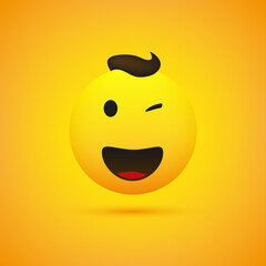 Smiling, Winking Emoji - Simple Happy Emoticon on Yellow Background - Vector Design