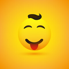 Smiling Young Male Emoji with Hair and Stuck Out Tongue - Simple Happy Emoticon on Yellow Background - Vector Design