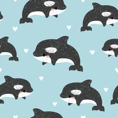 Cute cartoon killer whales seamless pattern. Baby print. © Afanasia