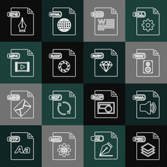 Set line PSD file document, WMA, WAV, DOC, RAW, MP4, EPS and RUBY icon. Vector