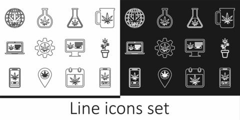 Set line Online buying marijuana, Marijuana plant pot, Test tube with, Legalize, and icon. Vector