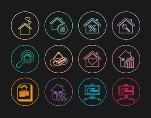Set line Hanging sign with For Sale, Rising cost of housing, House percant, Sold, Search house, heart shape, and dollar icon. Vector