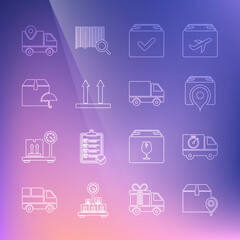 Set line Location with cardboard box, Delivery truck and stopwatch, Package check mark, This side up, package umbrella, tracking and cargo vehicle icon. Vector