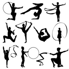 Rhythmic gymnastics, girl with ribbon, hoop and jump rope, set of vector silhouettes. 