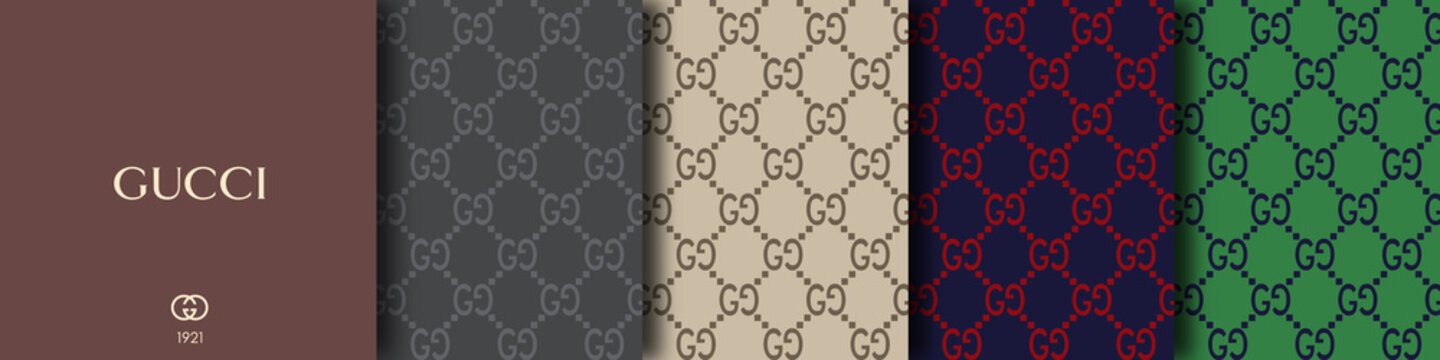 Official set of Gucci brand patterns in different colors: gray, brown, blue, green. Patterns for your design. Vector EPS 10