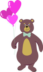 Isolated bear with pink heart-shaped balloons congratulates on valentine's day. Vector illustration. Cartoon design for greeting cards, decoration, print, etc.