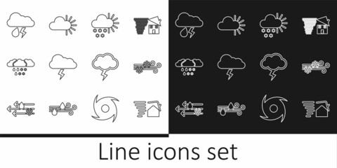 Set line Tornado swirl, Wind and snow, Cloudy with, Storm, rain, lightning, and icon. Vector