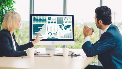 Business data dashboard analysis by ingenious computer software . Investment application display business sales and profit on the computer screen and advise marketing planning decision .