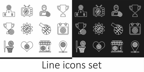 Set line Location with basketball ball, Basketball sport calendar, player, Planning strategy concept, Award cup, Sports winner podium, Hand and match tv icon. Vector