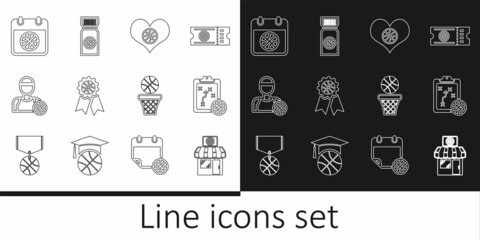 Set line Sports shop and basketball, Planning strategy, Heart with, Basketball award, player, on sport calendar, and game ticket icon. Vector