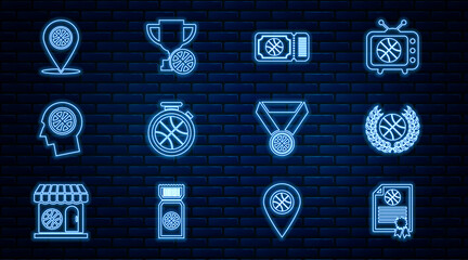 Set line Certificate basketball award, Award with, Basketball game ticket, Stopwatch, Thoughts on, Location, medal and cup icon. Vector