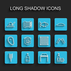 Set line Wheat, Beer bottle, Oktoberfest hat, Camping tent, and glass, Signboard with of beer, Glass and Checkered napkin icon. Vector