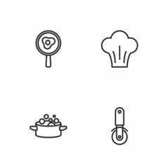 Set line Pizza knife, Cooking pot, Fried eggs on frying pan and Chef hat icon. Vector