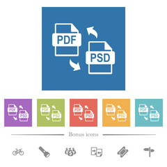 PDF PSD file conversion flat white icons in square backgrounds
