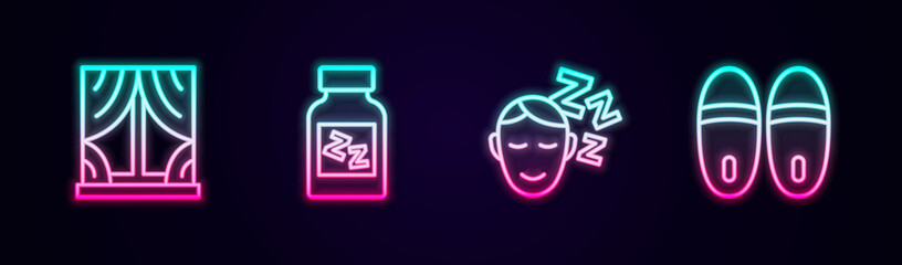 Set line Window with curtains, Sleeping pill, Dreams and Slippers. Glowing neon icon. Vector