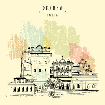 Vector Orchha, India postcard. Orchha fort in Madhya Pradesh state. Jahangir Mahal palace. Travel sketch line art drawing. Vintage hand drawn poster illustration