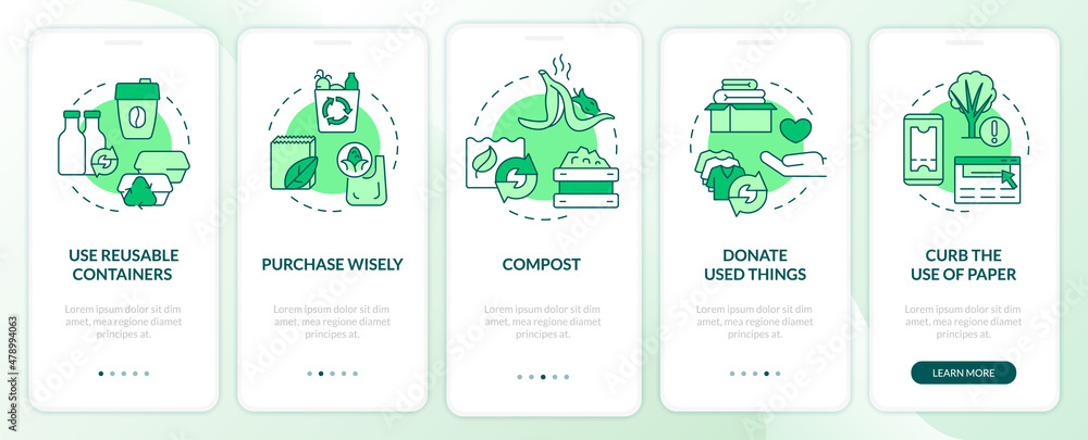 Poster how to minimize waste green onboarding mobile app screen. walkthrough 5 steps graphic instructions p