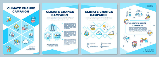 Climate change campaign brochure template. Prevent warming. Booklet print design with linear icons. Vector layouts for presentation, annual reports, ads. Arial-Black, Myriad Pro-Regular fonts used