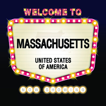 The Sign United states of America with message, Massachusetts and map on Showtime Sign Theatre Background vector art image illustration.