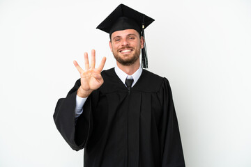 Young university Brazilian graduate isolated on white background happy and counting four with fingers