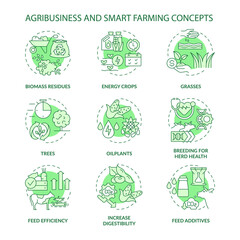 Agribusiness and smart farming green concept icons set. Glasses and oilplants idea thin line color illustrations. Isolated outline drawings. Editable stroke. Roboto-Medium, Myriad Pro-Bold fonts used