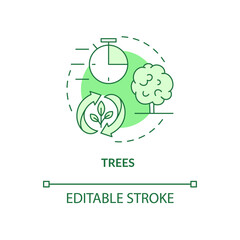 Trees green concept icon. Wood residues abstract idea thin line illustration. Agricultural residue. Isolated outline drawing. Editable stroke. Roboto-Medium, Myriad Pro-Bold fonts used