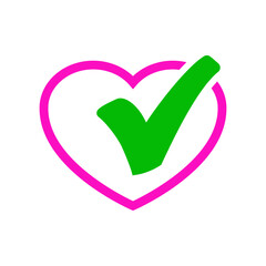 Logo buena salud. Icono con corazón como casilla de verificación con checkmark con líneas en color rosa y verde