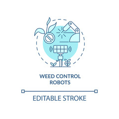 Fototapeta premium Weed control robots turquoise concept icon. Eliminating grass abstract idea thin line illustration. Farm industry. Isolated outline drawing. Editable stroke. Roboto-Medium, Myriad Pro-Bold fonts used
